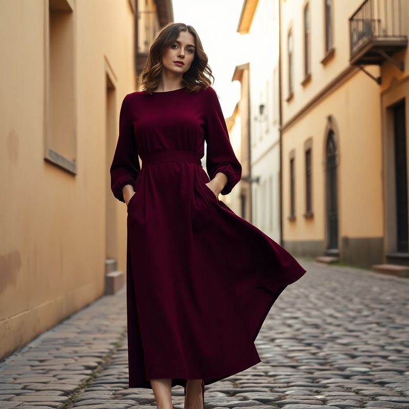 Model purtând o rochie midi burgundy pe o stradă pavată din Brașov