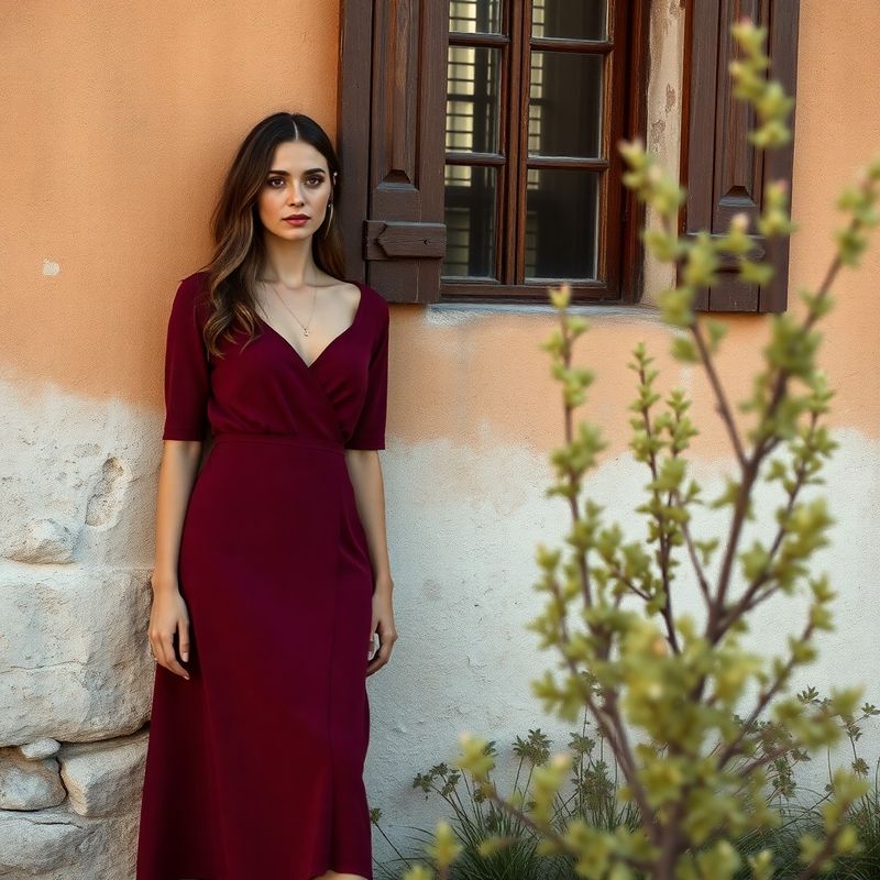 Model în rochie burgundy midi sprijinit de un perete de tencuială veche în Schei