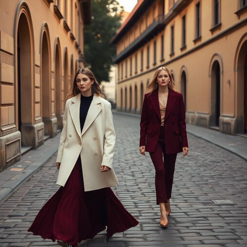 Două modele în siluete complementare crem și burgundy pe o stradă pietruită din Brașov