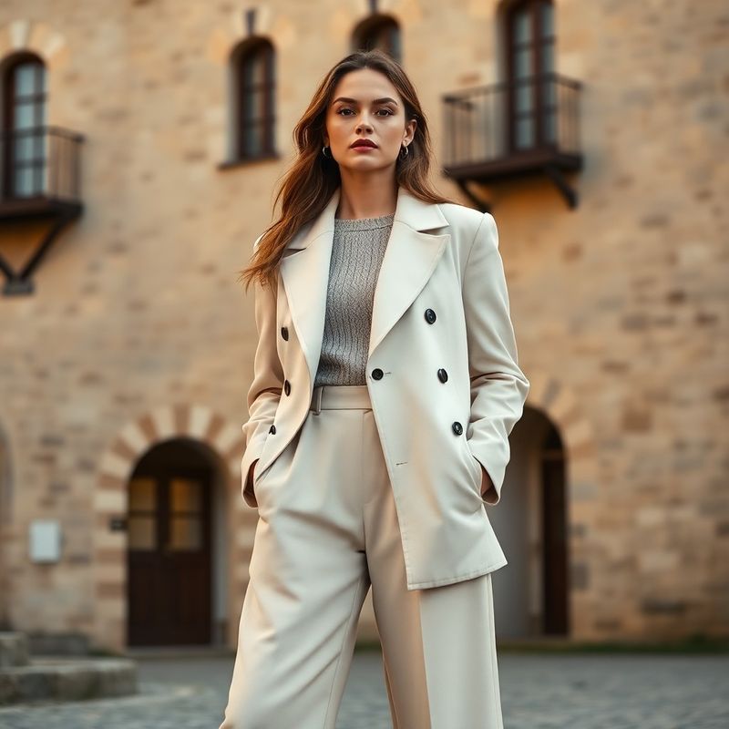 Model în sacou crem structurat și pantaloni ecru auriu, pe fundal de arhitectură săsească în Schei, Brașov