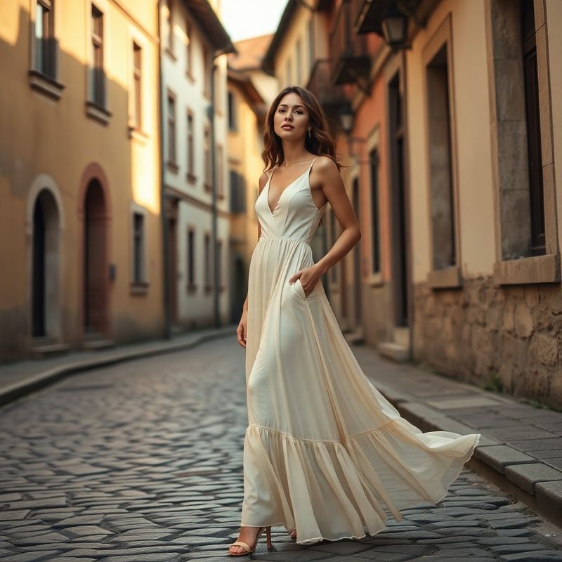 Look complet — rochie Carène crem pe stradă pietruită din Brașov
