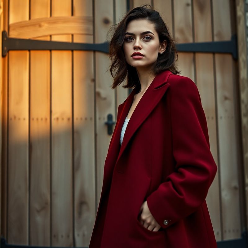 Look complet — sacou Mirel burgundy oversize pe fundal de poartă veche de lemn