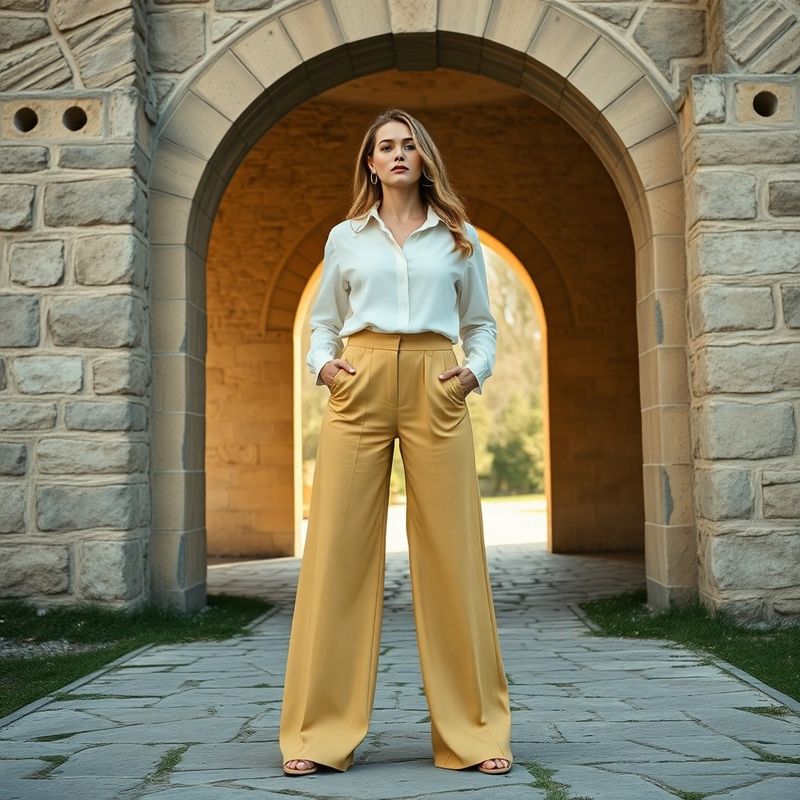 Look complet — pantalon Severin ecru auriu cu bluză fildeș sub o arcadă de piatră