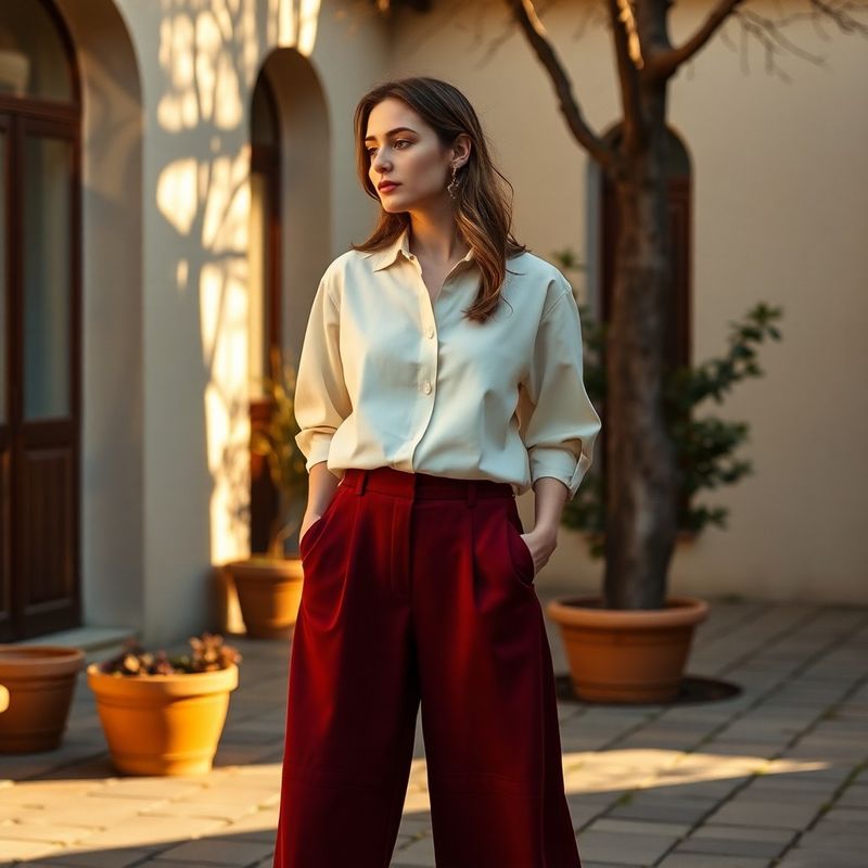 Look trei sferturi — bluză Aldona crem-fildeș cu pantaloni burgundy într-o curte din Schei