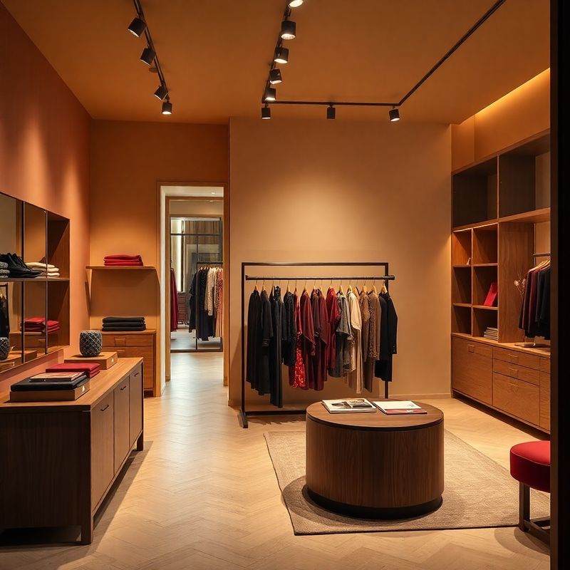 Interior showroom în tonuri crem și burgundy, cu mobilier din lemn de nuc